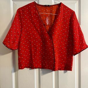 Mango Red Polka-Dot Cropped V-Neck Top with Black Trim